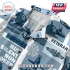 Short-sleeve button-down shirt with blue and white submarine, anchor, and veteran theme print on fabric.!