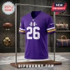 Purple Minnesota Vikings replica jersey with number 26 and The R&B Tour text on a metal retail display rack.!