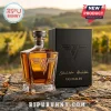 Van Halen whiskey bottle with angular glass decanter, gold VH logo, and black gift box on a stone surface in a vineyard.!