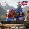 Warhammer 40,000 40th anniversary glass whiskey decanter with eagle skull emblem on a black marble base outdoors.!