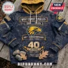 West Coast Eagles 40th anniversary navy blue distressed hoodie with yellow hood, eagle logo, and 1986-2026 text graphics.!