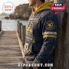 West Coast Eagles 40th anniversary navy blue distressed hoodie with yellow hood and team logo patches on pier.!