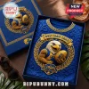 West Coast Eagles t-shirt inside blue box with gold eagle mascot, football, and 1986 text on navy floral embossed fabric.!