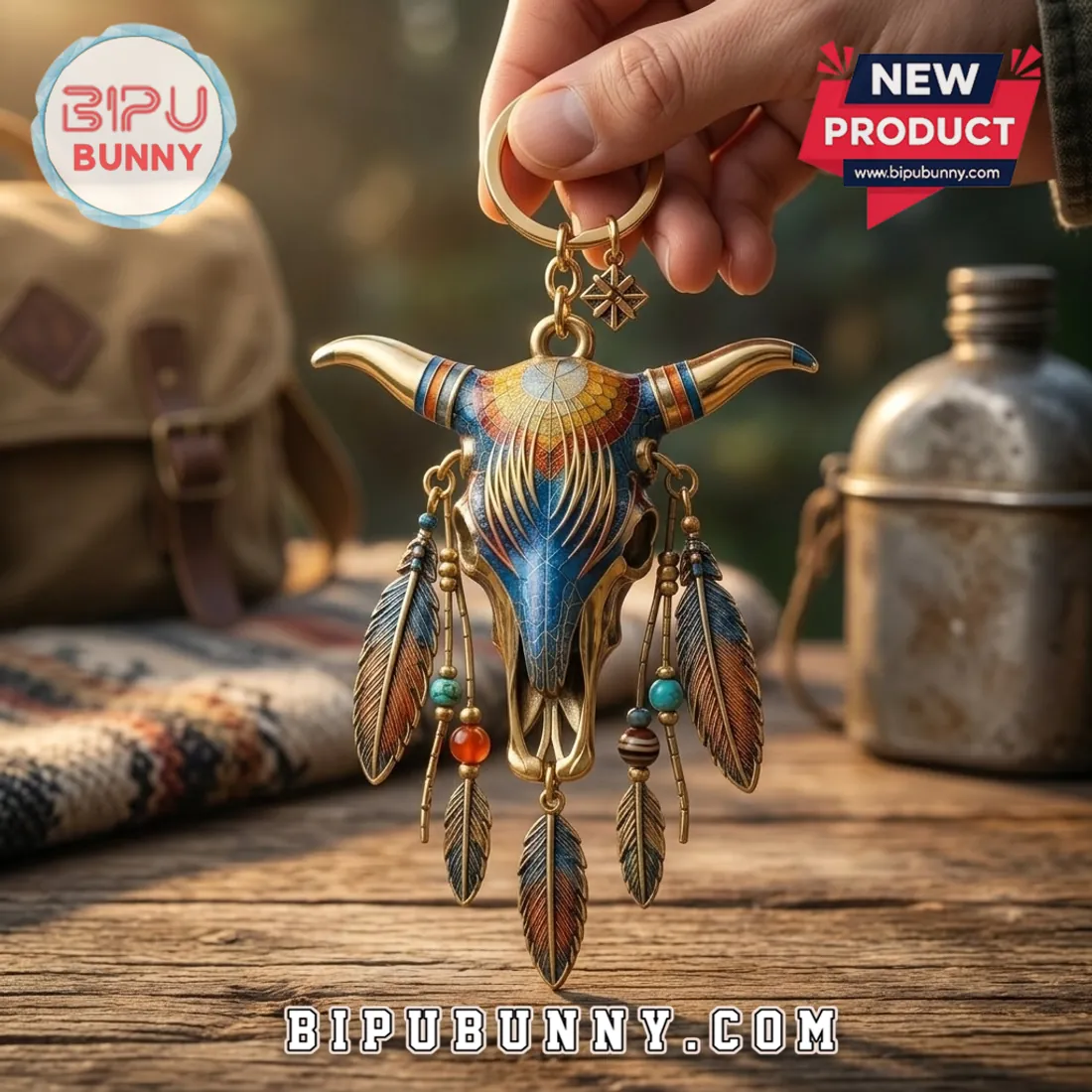 Western Bull Skull Boho Feather Keychain Western Bull Skull Boho Feather Keychain