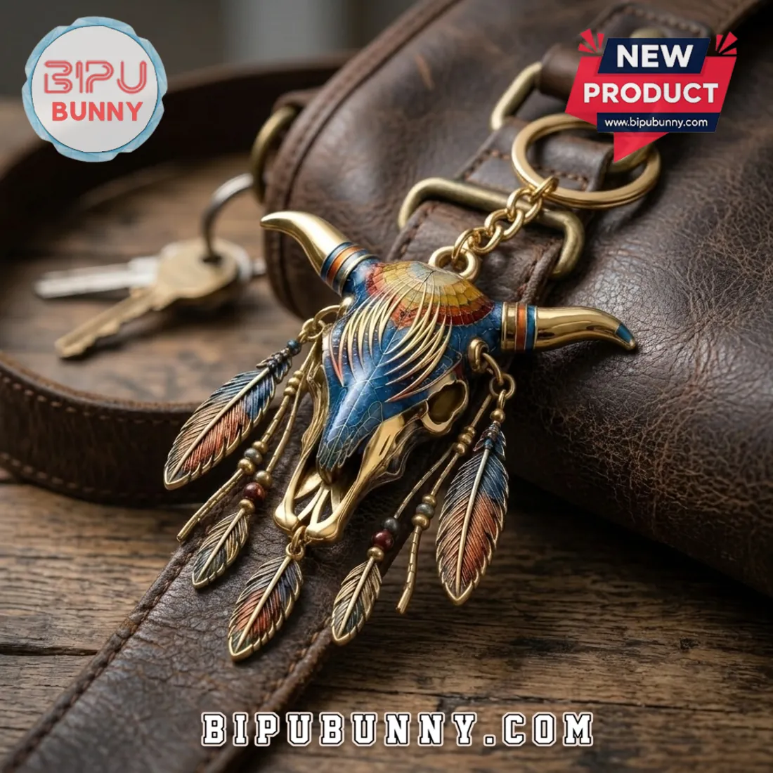 Western Bull Skull Boho Feather Keychain Western Bull Skull Boho Feather Keychain
