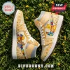 Custom Winnie the Pooh leather high-top sneakers with Bee Kind text and puzzle piece patterns on a grassy background.!