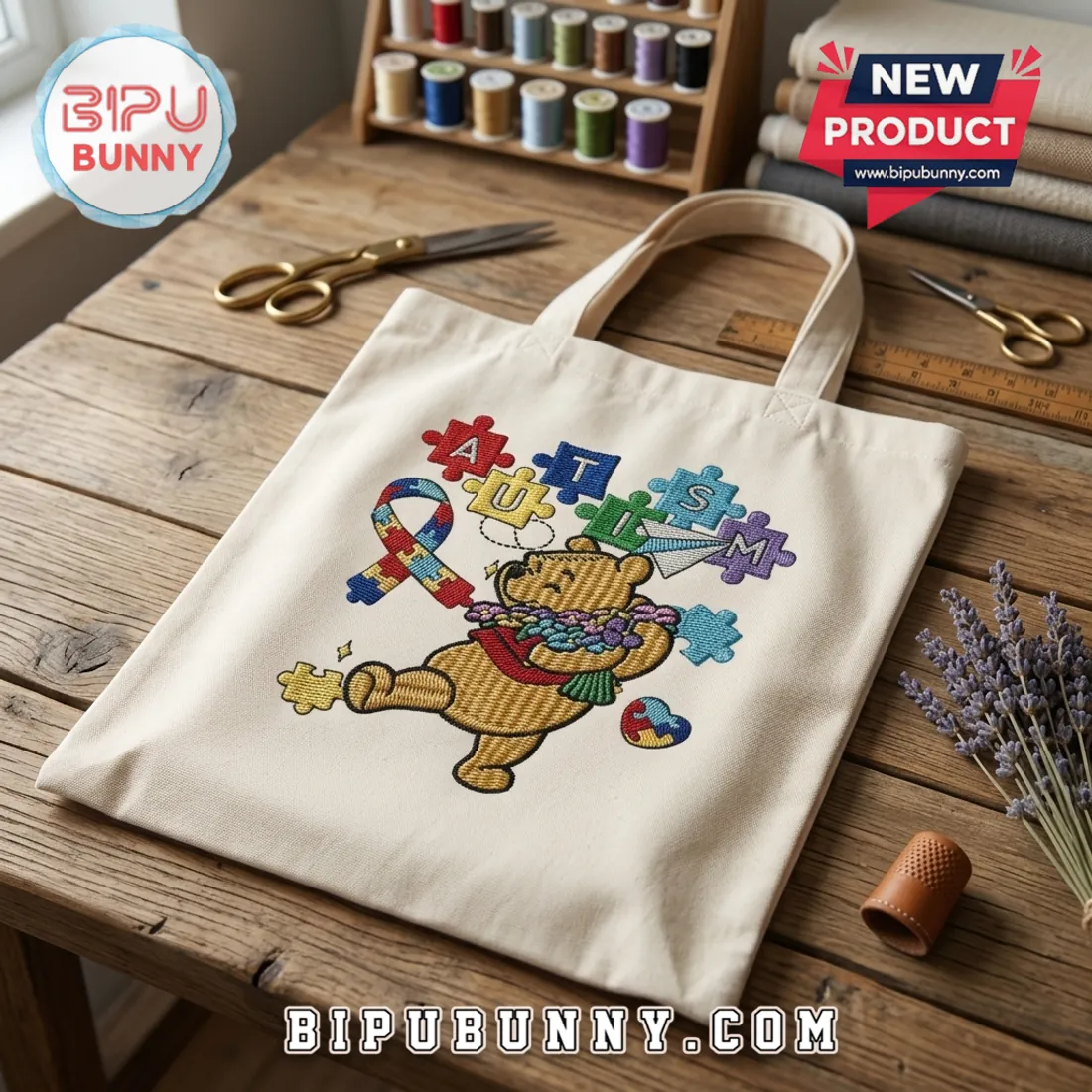 Winnie the Pooh Autism Awareness Embroidered Tote Bag Winnie the Pooh Autism Awareness Embroidered Tote Bag