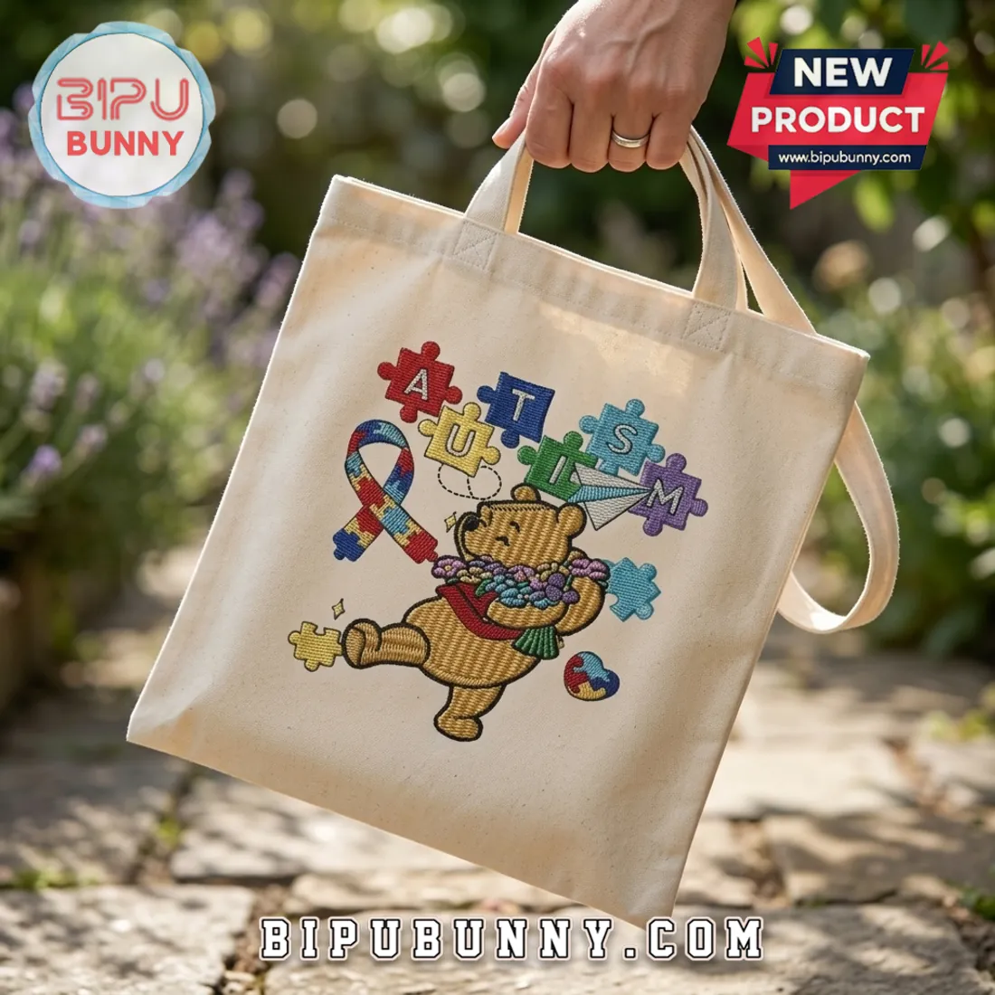Winnie the Pooh Autism Awareness Embroidered Tote Bag Winnie the Pooh Autism Awareness Embroidered Tote Bag