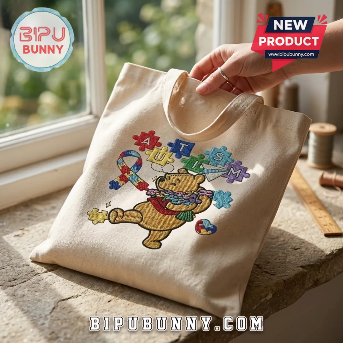 Winnie the Pooh Autism Awareness Embroidered Tote Bag Winnie the Pooh Autism Awareness Embroidered Tote Bag
