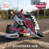 Atlanta Dream WNBA sneakers featuring black mesh, red and blue accents, white soles, and team logos on an outdoor court.!