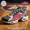 Atlanta Dream WNBA sneaker in charcoal, red, and blue with white air-cushioned sole on a wooden basketball court background.!