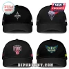 Four black baseball caps featuring WNBA team logos for Las Vegas Aces, Golden State Valkyries, Portland Fire, and Dallas Wings.!