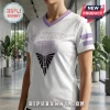 White V-neck t-shirt with purple trim, Valkyries Golden State text, and a black triangle graphic on the chest.!