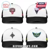 Four white and black trucker caps featuring Portland Fire, Golden State Valkyries, Las Vegas Aces, and Dallas Wings logos.!