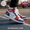 Custom high-top basketball sneakers in white, red, and navy blue leather with Mystics logo and Custom Name text detail.!