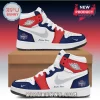 Custom high-top basketball sneakers in white, navy, and red with Washington Mystics logos and space for custom names.!
