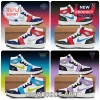 Four high-top custom basketball sneakers featuring WNBA team logos, including Washington Mystics and Dallas Wings themes.!
