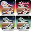 Custom high-top basketball sneakers featuring WNBA team logos, colored panels, white laces, and Air Jordan branding.!