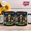 Two black ceramic mugs featuring soccer players, a World Cup trophy with Brian text, and World Cup 2026 stadium graphic.!