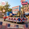 Toy brick truck parade float with 250 Years of America sign, gold bell model, eagle figure, and red, white, and blue decor.!