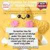 Yellow crochet star plushie with black eyes and pink cheeks holding a white sign with sentimental black text.!