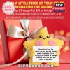 Yellow crocheted star plush toy with pink cheeks and black eyes holding a white card against a red gift box background.!