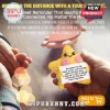 Yellow crochet star plush toy with pink cheeks holding a small white sign with text about long-distance relationships.!