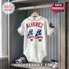 Houston Astros Yordan Alvarez infant jersey bodysuit with white fabric, red text, and American flag style 44 numbering.!