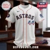 Houston Astros white baseball jersey with navy blue lettering, orange piping, and number 44 with American flag patterns.!