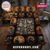 2026 Halloween Horror Pumpkin Quilt Bedding Set featuring gothic jack-o'-lanterns and skulls on a rustic bedroom bed.