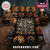 2026 Halloween Horror Pumpkin Quilt Bedding Set featuring spooky Jack-o'-lanterns, skulls, and gothic motifs on a bed.