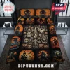 2026 Halloween Horror Pumpkin Quilt Bedding Set with orange and black gothic skull, witch, and jack-o'-lantern illustrations.