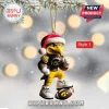 2026 Iowa Hawkeyes Mascot Christmas Ornament wearing a Santa hat and team jersey with a football on a snowy background.