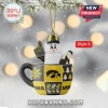 2026 Iowa Hawkeyes Mascot Christmas Ornament featuring a snowman inside a black and yellow mug with team logos and graphics.