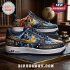 AC DC Back in Black Custom Air Force 1 Sneakers featuring Angus Young, lightning bolts, and gold logo accents.