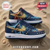 AC DC Back in Black Custom Air Force 1 Sneakers featuring Angus Young, lightning bolts, and gold studs on navy leather.