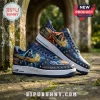 AC DC Back in Black Custom Air Force 1 Sneakers with Angus Young graphics, lightning motifs, and gold studs on stone.