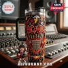 AC/DC 53 Years High Voltage Rock 40oz Stanley Tumbler featuring Angus Young figurine, red lightning, and guitar imagery.