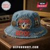 AC/DC 53rd Anniversary Custom Denim Bucket Hat featuring distressed blue denim, band logos, and a tribute patch.