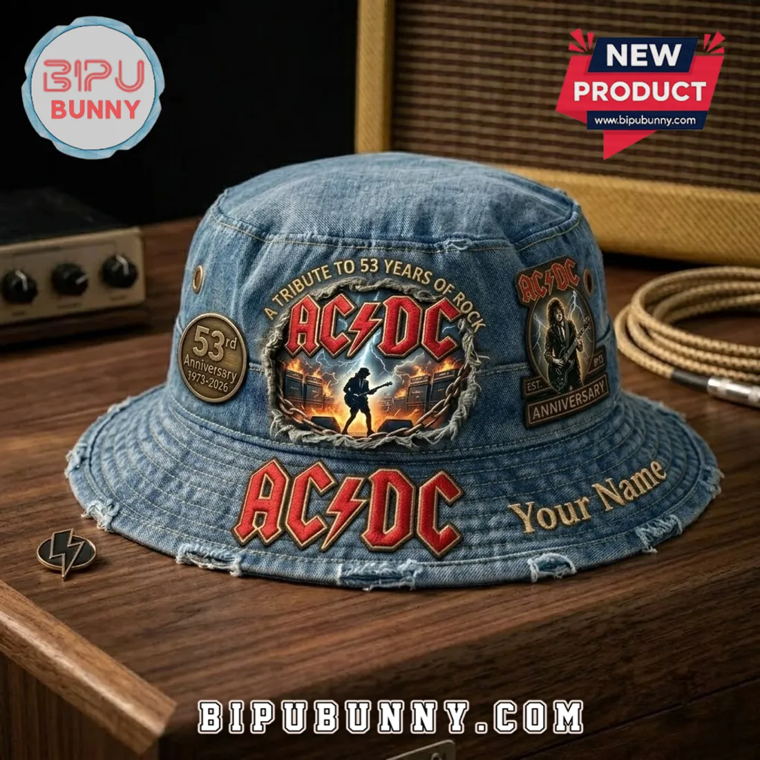 AC/DC 53rd Anniversary Custom Denim Bucket Hat AC/DC 53rd Anniversary Custom Denim Bucket Hat