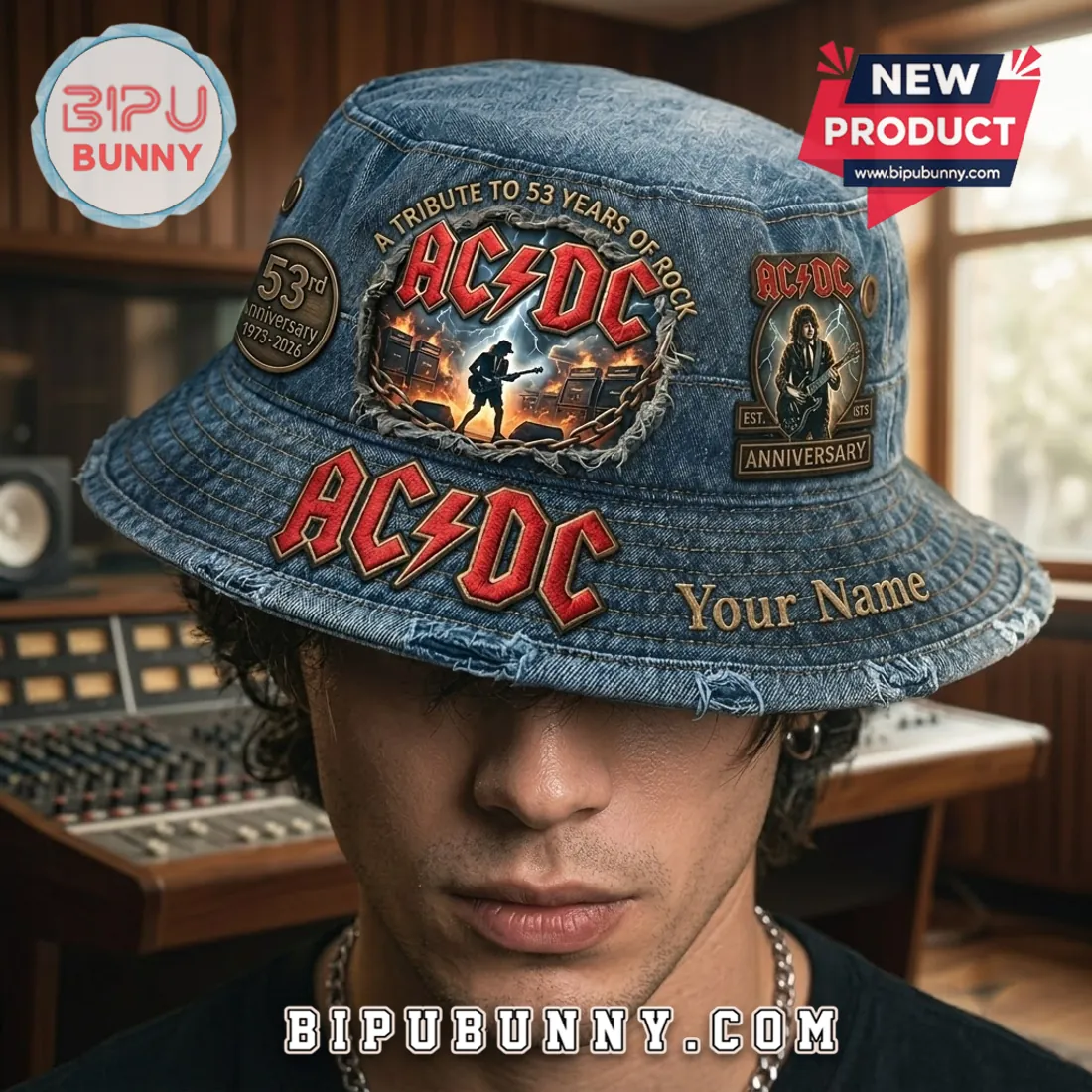 AC/DC 53rd Anniversary Custom Denim Bucket Hat AC/DC 53rd Anniversary Custom Denim Bucket Hat