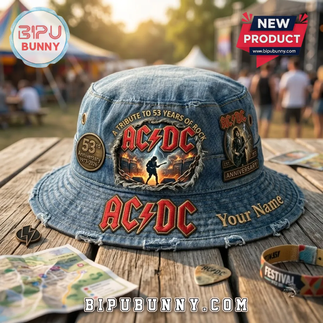AC/DC 53rd Anniversary Custom Denim Bucket Hat AC/DC 53rd Anniversary Custom Denim Bucket Hat