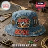 AC/DC 53rd Anniversary Custom Denim Bucket Hat featuring frayed edges, embroidered band logos, and a personalized name space.