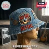 AC/DC 53rd Anniversary Custom Denim Bucket Hat featuring vintage blue wash fabric, band logos, and frayed edges.