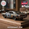 AC/DC Angus Young Hot Wheels diecast car featuring black body, lightning bolt graphics, and rock band logo on wood base.