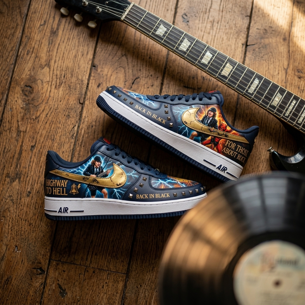 A flatlay shot of the AC/DC Back in Black custom sneakers resting on a vintage wooden floor next to an electric guitar and vinyl record