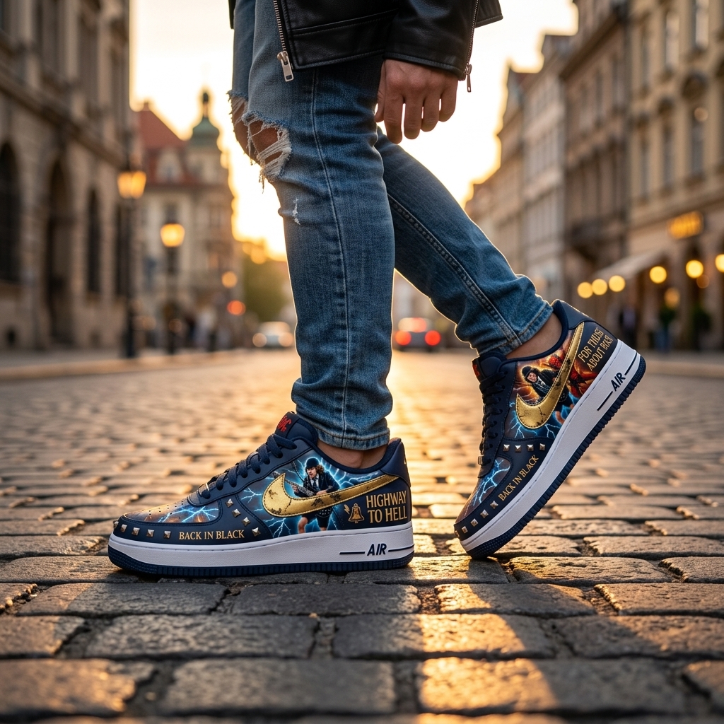 A male model wearing a black leather jacket and AC/DC Back in Black custom sneakers walking on a city street at sunset