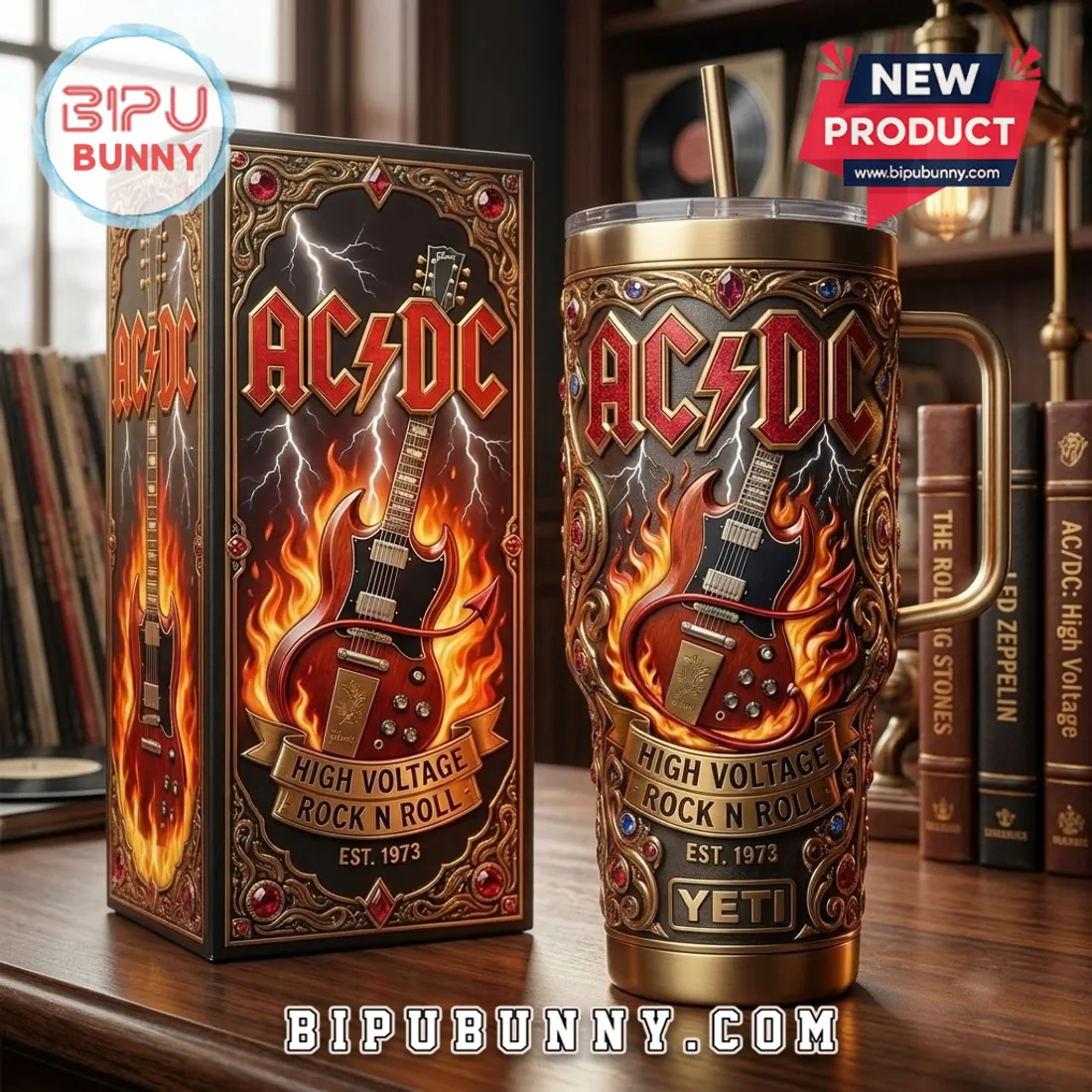 ACDC High Voltage Gold 40oz Stanley Tumbler ACDC High Voltage Gold 40oz Stanley Tumbler