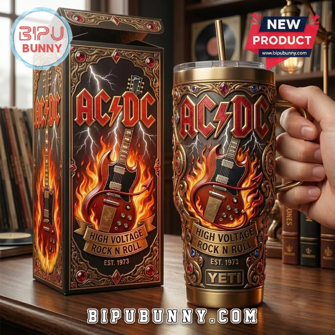 ACDC High Voltage Gold 40oz Stanley Tumbler ACDC High Voltage Gold 40oz Stanley Tumbler