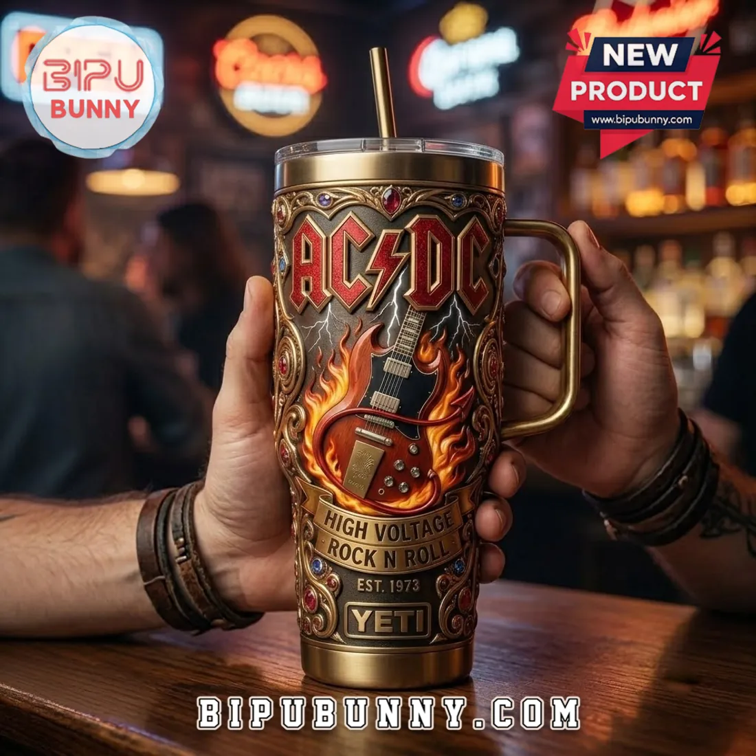 ACDC High Voltage Gold 40oz Stanley Tumbler ACDC High Voltage Gold 40oz Stanley Tumbler